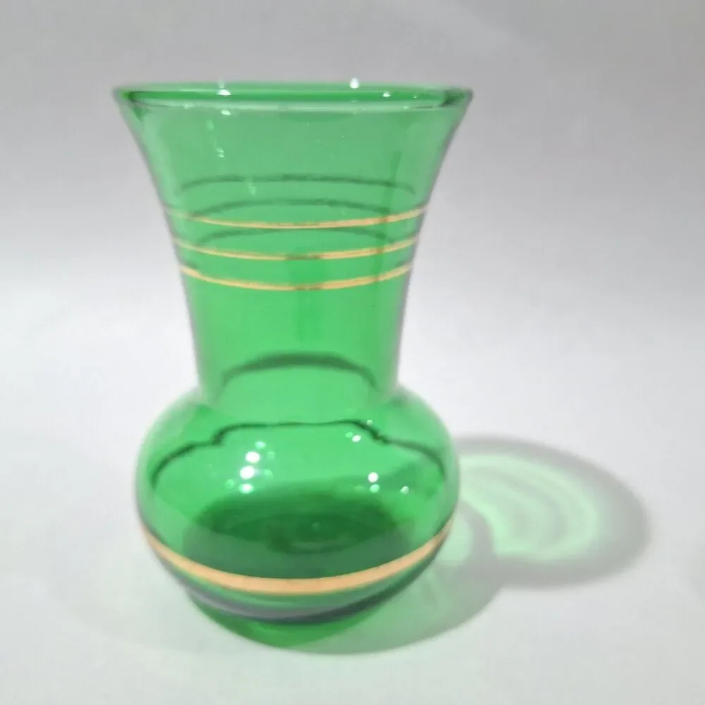 Vintage MCM Anchor Hocking Emerald Green & Gold Striped Bud Vase 3.75 x 2.5